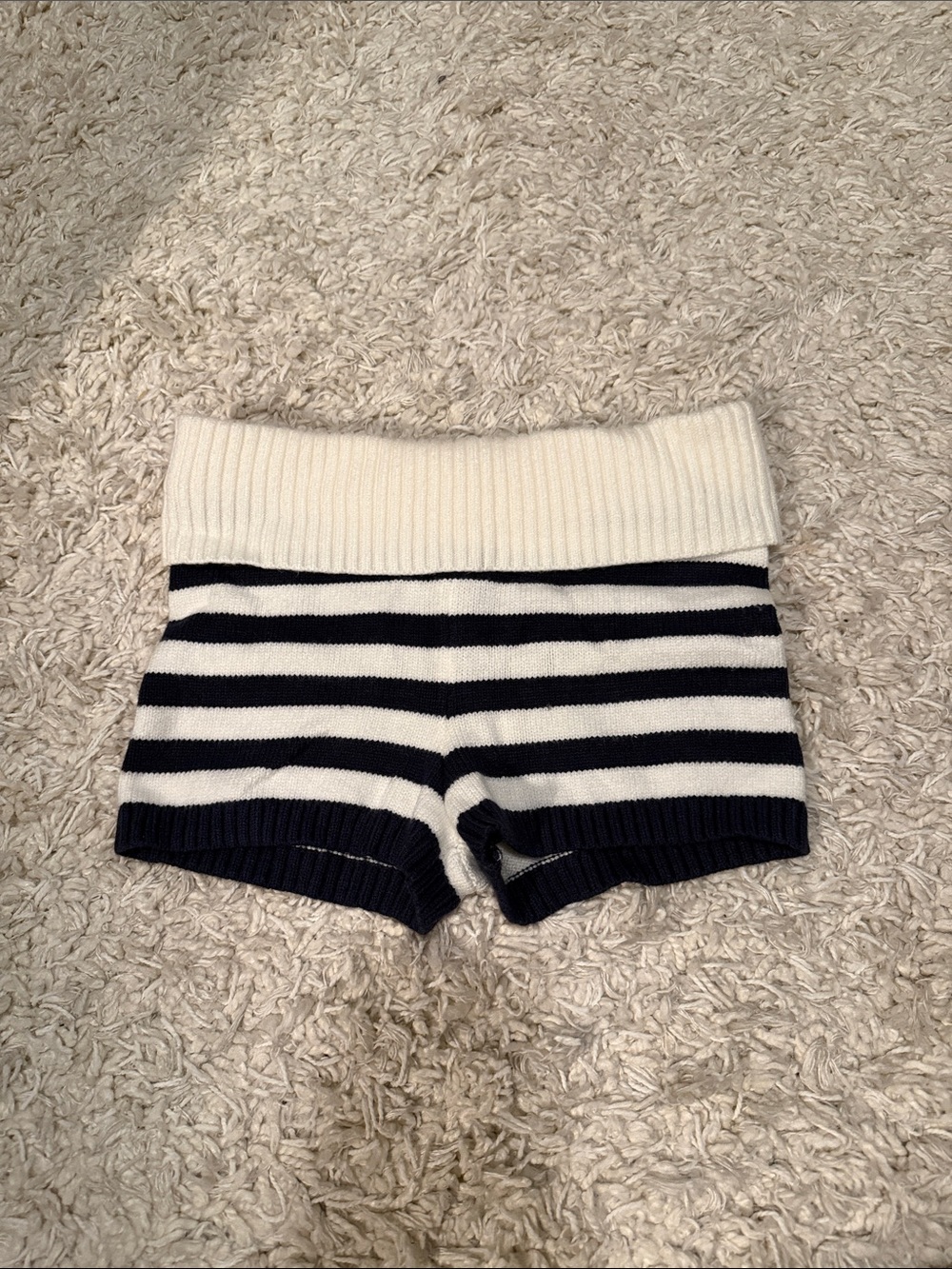 Edikted White & Navy Striped Knit Bike Shorts